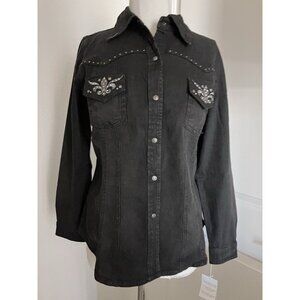 DG2 by Diane Gilman Black Western Jean Jacket Top Large Gunmetal Studs Pockets